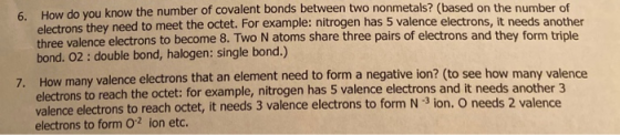 6. How do you know the number of covalent bonds between two nonmetals? (based on the number of electrons they need to meet th