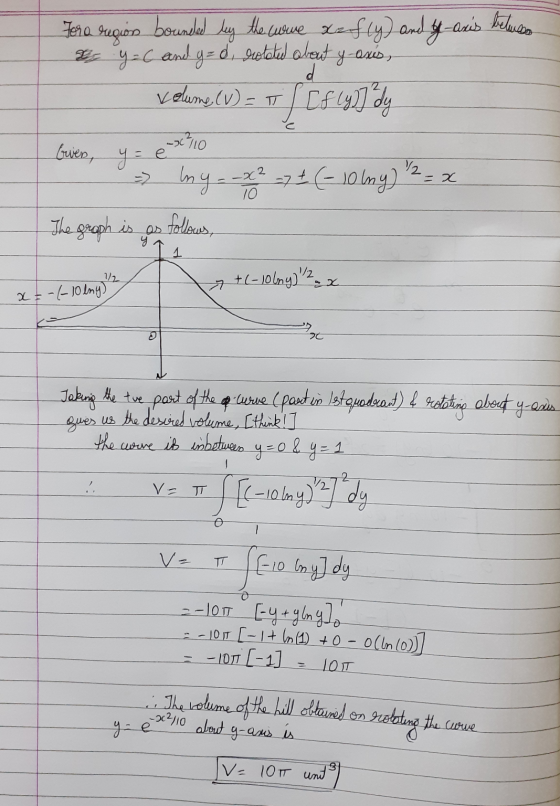 Foro region bounded by uy the wore xefly) and y-asis betures ac y=C and g=d, dotated about y-axis, volume (V) = π d - 110 Gri