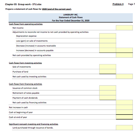 Problem 4 Page 7 Chapter 05 Group work - STU.xlsx Prepare a statement of cash flows for 2020 (end of the current year) LANSBU