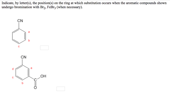Indicate, by letter(s), the position(s) on the ring at which substitution occurs when the aromatic compounds shown undergo br