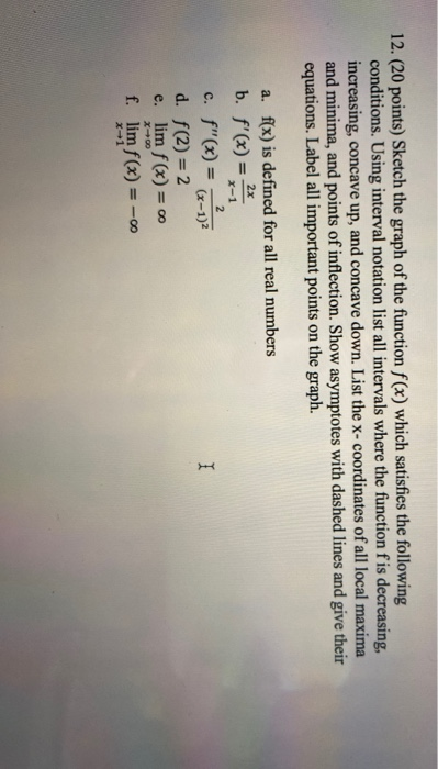 12. (20 points) Sketch the graph of the function f(x) which satisfies the following conditions. Using interval notation list