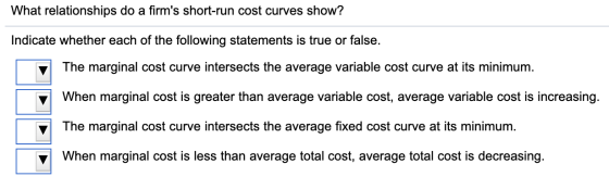 What relationships do a firms short-run cost curves show? Indicate whether each of the following statements is true or false