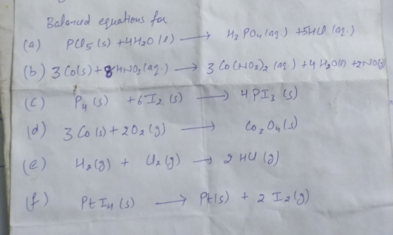 Balanced equations for (a) PUs (s) + 4H₂O(0) H₃ Poulaq.) +SHO lag.) (6) 3 Cols)+q HNO₃(aq.) 3 CO CHO3)2 (as.) + 4 H₂O16) +200