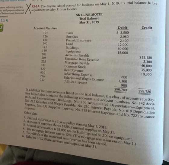 pare adjusting entries est, and prepare adjusted I balance and financial rements. 2, 3, 4) X S P3-2A The Skyline Motel opened