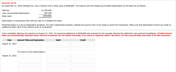 Exercise 10-24 On December 31, 2020, Marigold Inc. has a machine with a book value of $958,800. The original cost and related