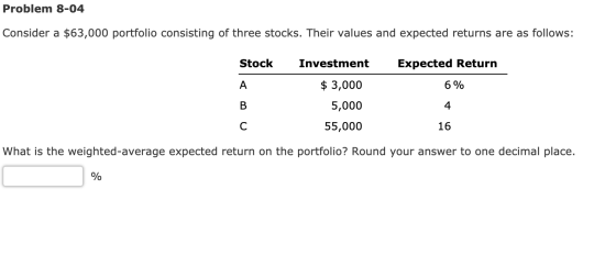 Problem 8-04 Consider a $63,000 portfolio consisting of three stocks. Their values and expected returns are as follows: Stock