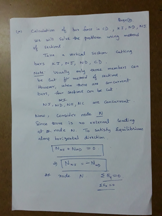 (a) Page 3 Calculation of bar force in CD., KJ, ND, NJ. we will solve the problem wring method of sections. Take a vertical s