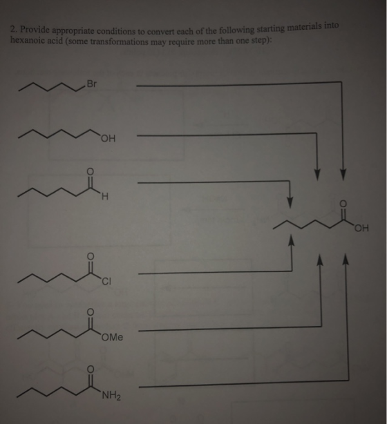 2. Provide appropriate conditions to convert each of the following starting mana hexanoic acid (some transformations may requ