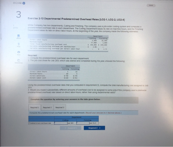Ch 2 HW 3 Exercise 2-13 Departmental Predetermined Overhead Rates (L02-1, LO2-2, LO2.4) White Company has two departments, Cu