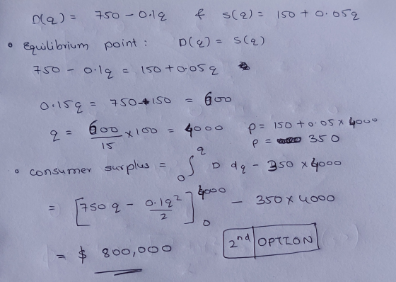 OLQ) = 750 - Ole & sla)= 150+ 0.05q • Equilibrium point : D(&) = S(a) 750 o.lq = 150 to-os e 600 0.15q = 750-2150 2 = 6oo x 1