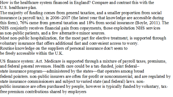 How is the healthcare system financed in England? Compare and contrast this with the U.S. healthcare plan. The majority of fu