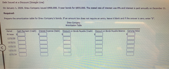 Debt Issued at a Discount (Straight Line) On January 1, 2020, Drew Company issued $900,000, 5-year bonds for $855,000. The st