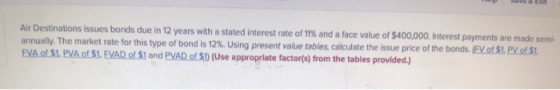 VSE Air Destinations issues bonds due in 12 years with a stated interest rate of 11% and a face value of $400,000. Interest p