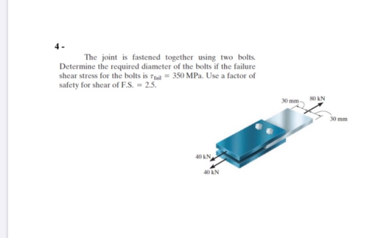 4- The joint is fastened together using two bolts. Determine the required diameter of the bolts if the failure shear stress f
