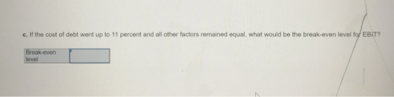 c. If the cost of debt went up to 11 percent and all other factors remained equal, what would be the break-even level for EBI