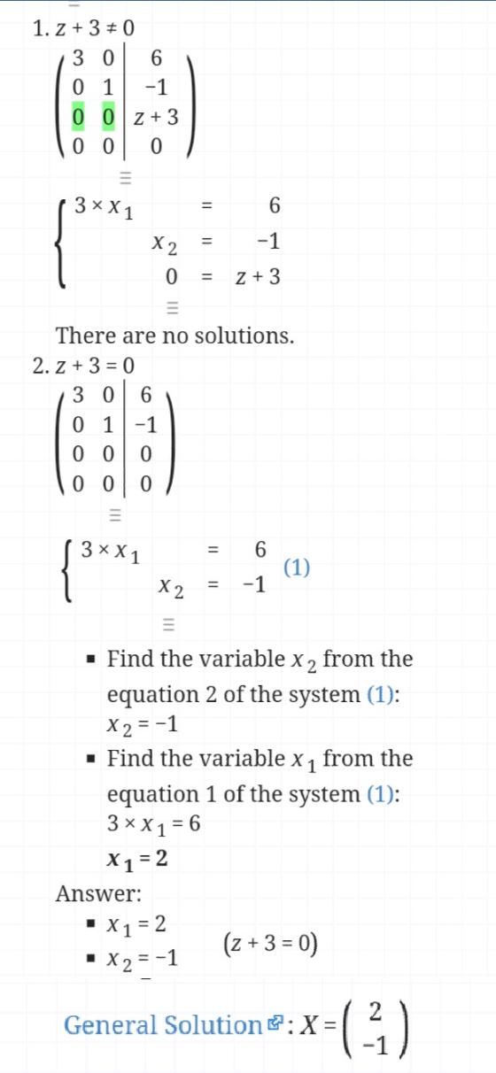 1. z 3 0 30 0 1 -1 0 0Z 3 O 0 10 3*X1 6 -1 X 2 Z 3 O There are no solutions. 2. z 3 0 9 30 0 1 -1 O 0 0 0 0 0 3хX1 = (1) -1 X