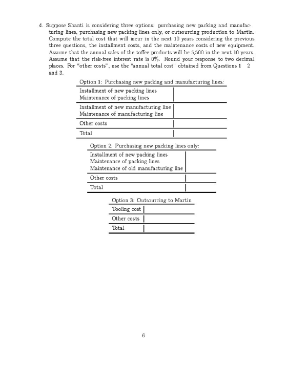 4. Suppose Shanti is considering three options: purchasing new packing and manufac- turing lines, purchasing new packing line