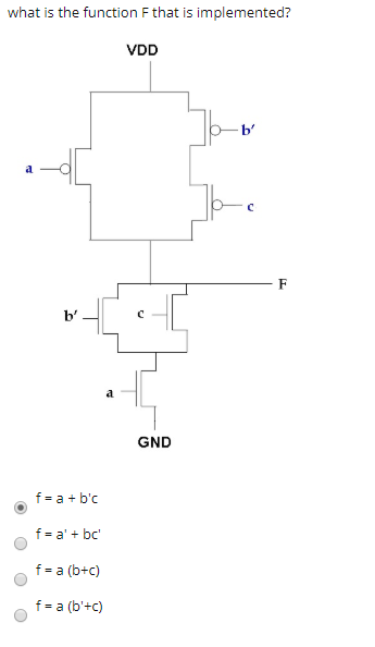 what is the function F that is implemented? VDD GND . f-a+bc f-a+ bc f-a (b+c) f = a (b+c)