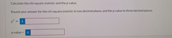 Calculate the chi-square statistic and the p-value. Round your answer for the chi-square statistic to two decimal places, and