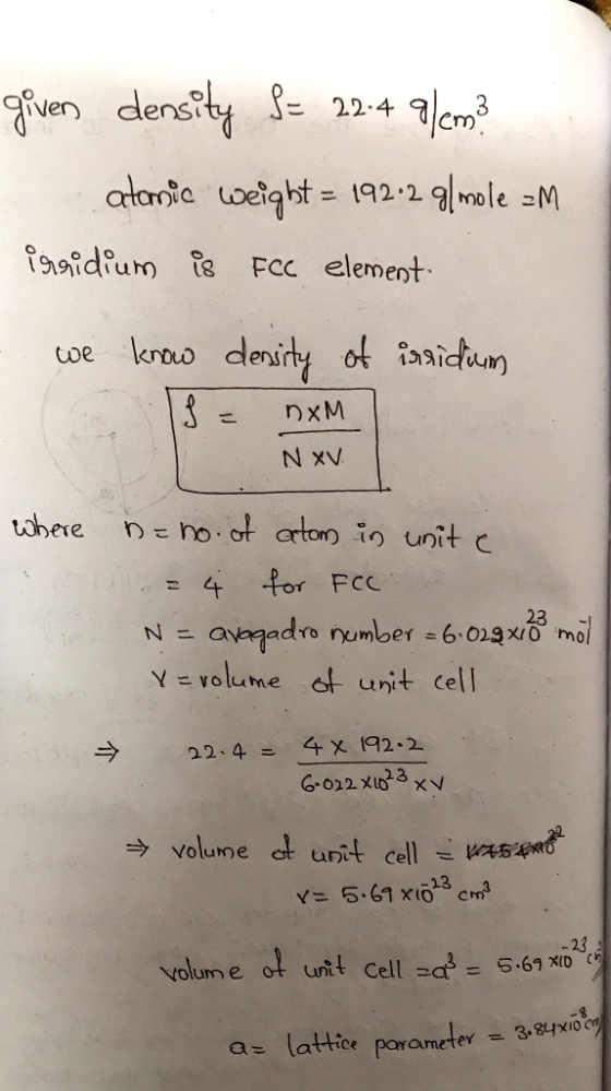 tsidu e Fcc element toe kroo deni 4 for FCC Y - volume t unit cell 22.44 x 192 volume t urit cells 5.67 x(0.3 cra volum e ot unt Cell 5.6 as lattice por ameter = 3.84 10 M