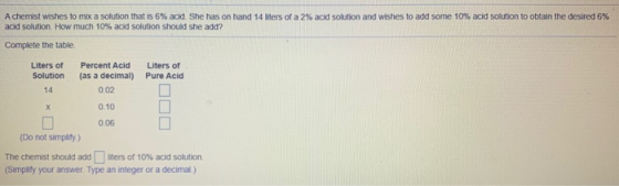 A chemist wishes to mix a solution that is 6% acid. She has on hand 14 liters of a 2% acid solution and wishes to add some 10