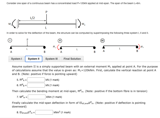 Consider one span of a continuous beam has a concentrated load P=120kN applied at mid-span. The span of the beam L=6m. Р L/2