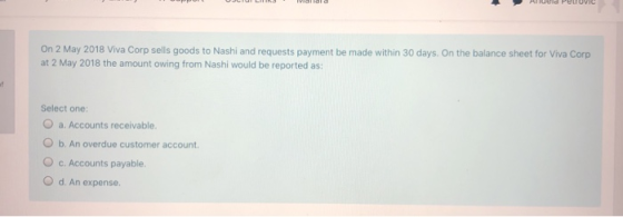 On 2 May 2018 Viva Corp sells goods to Nashi and requests payment be made within 30 days. On the balance sheet for Viva Corp