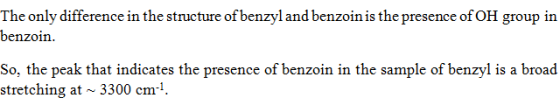 The only difference in the structure of benzyl and benzoin is the presence of OH group in benzoin So, the peak that indicates