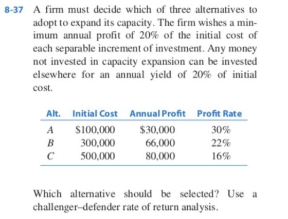 8-37 A firm must decide which of three alternatives to adopt to expand its capacity. The firm wishes a min- imum annual profi
