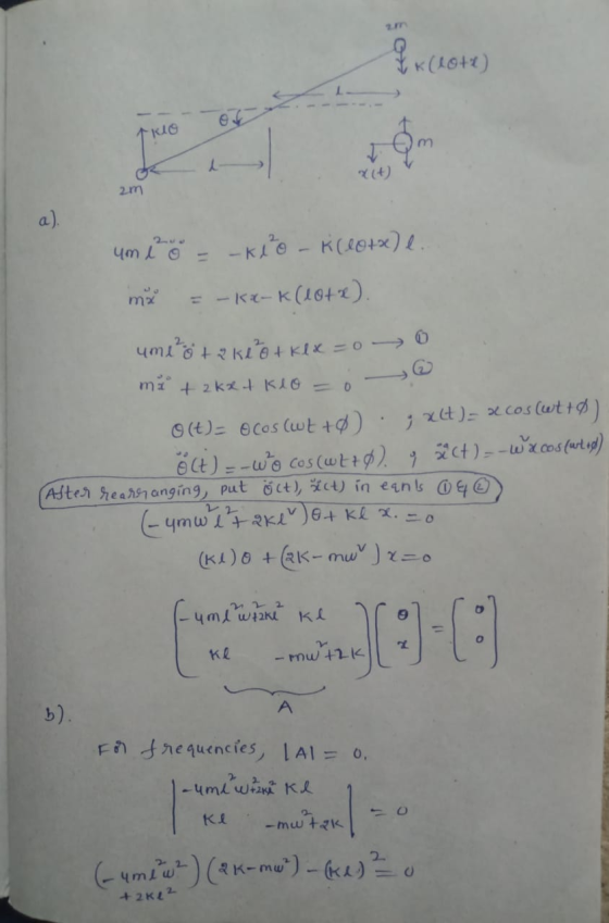 (AG2) 2m a) 2 -Kx-K(164) +2kxt K10 2t)- xcos (wtt) O(t)- Ocos (wt +) ct)=-wo cos (wtt ) Aster hearsnanging, put ct) ) in eans