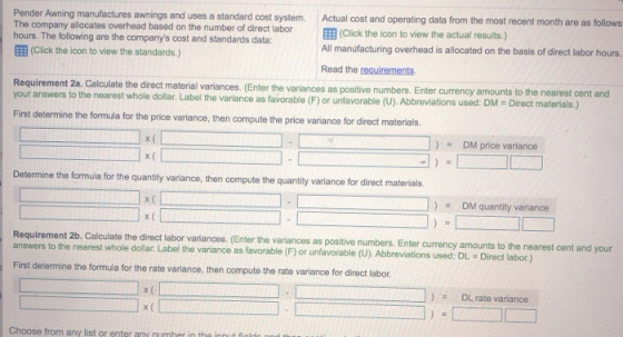 Pender Awning manufactures awnings and uses a standard cost system. Actual cost and operating data from the most recent month
