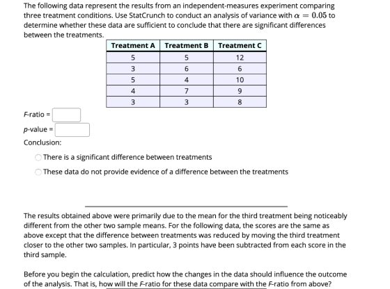 The following data represent the results from an independent-measures experiment comparing three treatment conditions. Use St