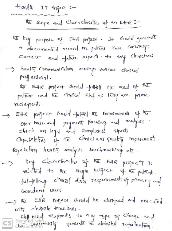 Health IT fogject :- The scope and characleristics of an Etro the key perpose of EHR project. It chould generate a documented