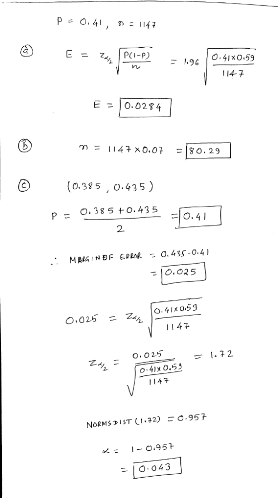 F 1.96 114- 7 E-Ίο,0284 (O.38 5 , o.435) o. 38 5 to. 435 2. p- MARGINDF ERROR0. 435-0.4 10,025 O.41x 0.59 114 1142 NORMSDIST(1-72) 0.957 10.043