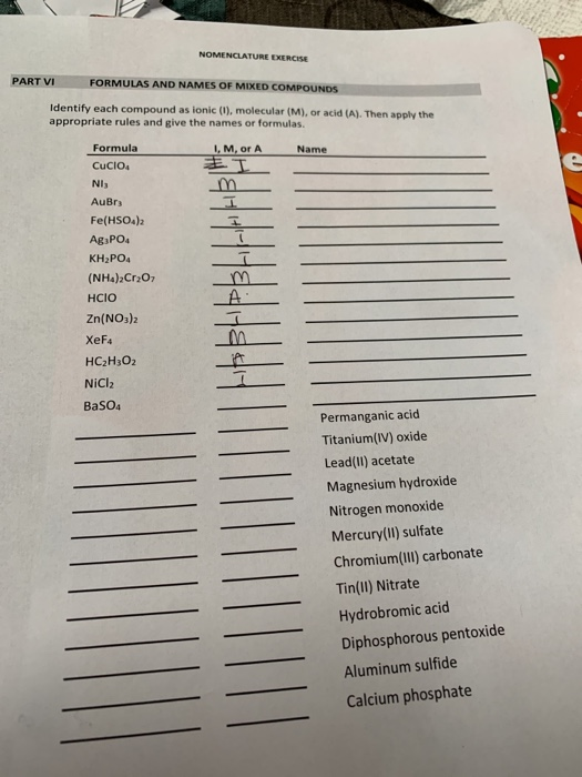 NOMENCLATURE EXERCISE PART VI FORMULAS AND NAMES OF MIXED COMPOUNDS Identify each compound as ionic (1), molecular (M), or ac