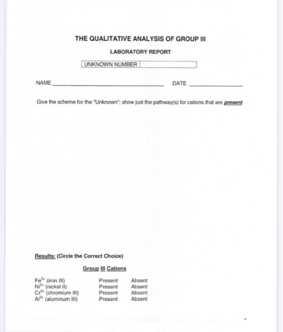 THE QUALITATIVE ANALYSIS OF GROUP III LABORATORY REPORT UNKNOWN NUMBER NAME DATE Give the scheme for the Unknown; show just