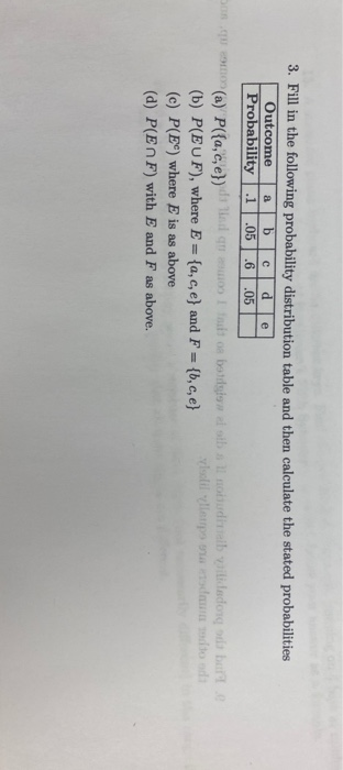 3. Fill in the following probability distribution table and then calculate the stated probabilities Outcome a b c d e Probabi