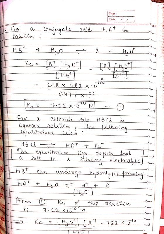 Page: Date / acid tot in To for a I solution conjugate : HBT + H₂O ² B + H₂O Ka = [B] [ H3 0+1 = [B] [H3O+] [H37 Lor] S 2.18