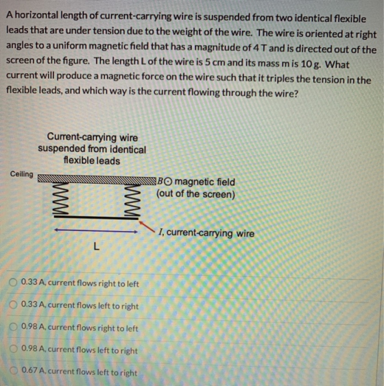 A horizontal length of current-carrying wire is suspended from two identical flexible leads that are under tension due to the