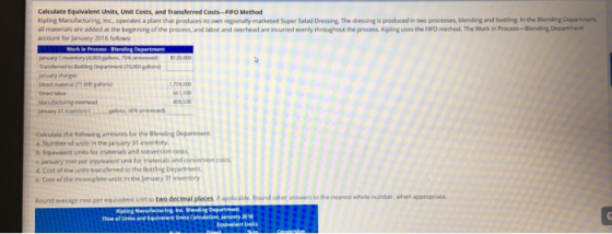 Calculate Equivalent Units, Unit Costs, and Transferred Costs--FIFO Method Kipling Manufacturing, Inc., operates a plant that