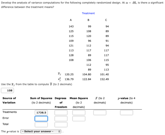 Develop the analysis of variance computations for the following completely randomized design. At a = .05, is there a signific