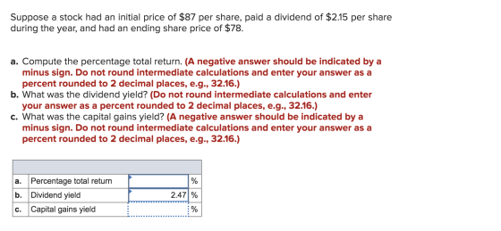 Suppose a stock had an initial price of $87 per share, paid a dividend of $2.15 per share during the year, and had an ending