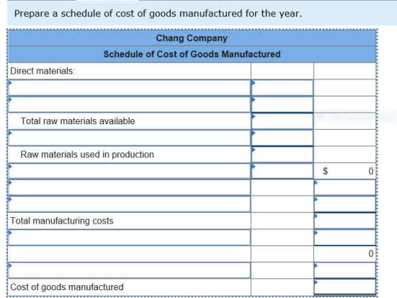 Prepare a schedule of cost of goods manufactured for the year. Chang Company Schedule of Cost of Goods Manufactured Direct materials: Total raw materials available Raw materials used in production Total manufacturing costs Cost of goods manufactured