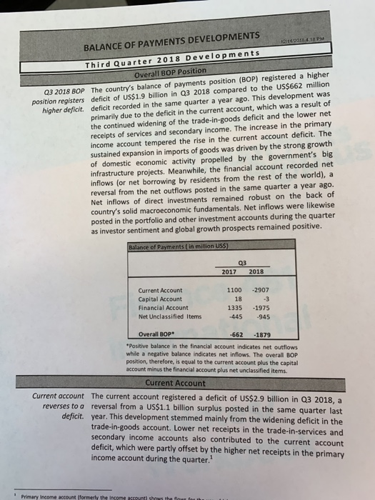 BALANCE OF PAYMENTS DEVELOPMENTS Third Quarter 2018 Developments Overall BOP Position 03 2018 BOP The countrys balance of payments position (BOP) registered a higher position registers deficit of US$1.9 billion in Q3 2018 compared to the US$662 million higher deficit. deficit recorded in the same quarter a year ago. This development was primarily due to the deficit in the current account, which was a result of the continued widening of the trade-in-goods deficit and the lower net receipts of services and secondary income. The increase in the primary income account tempered the rise in the current account deficit. The sustained expansion in imports of goods was driven by the strong growth of domestic economic activity propelled by the governments big infrastructure projects. Meanwhile, the financial account recorded net inflows (or net borrowing by residents from the rest of the world), a reversal from the net outflows posted in the same quarter a year ago. Net inflows of direct investments remained robust on the back of countrys solid macroeconomic fundamentals. Net inflows were likewise posted in the portfolio and other investment accounts during the quarter as investor sentiment and global growth prospects remained positive. Balance of Payments ( in million USS) 2017 2018 Current Account Capital Account Financial Account Net Unclassified Items 1100 -2907 18 1335 -1975 445 -945 Overall BOp* 662 -1879 Positive balance in the financial account indicates net outflows while a negative balance indicates net inflows. The overall BOP position, therefore, is equal to the current account plus the capital account minus the financial account plus net unclassified items. Current Account Current account The current account registered a deficit of US$2.9 billion in Q3 2018, a to a reversal from a us$1.1 billion surplus posted in the same quarter last deficit. year. This development stemmed mainly from the widening deficit in the trade-in-goods account. Lower net receipts in the trade-in-services and secondary income accounts also contributed to the current account deficit, which were partly offset by the higher net receipts in the primary income account during the quarter. Primary Income account (formerly the Income account) shows the fo