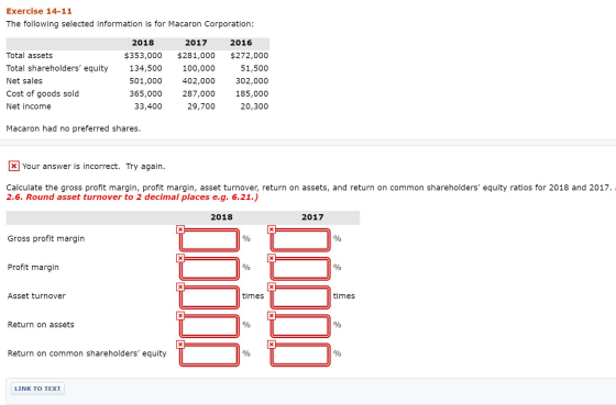 Exercise 14-11 The following selected information is for Macaron Corporation: Total assets Total shareholders equity Net sal
