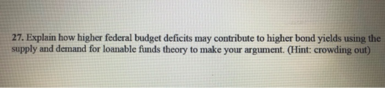 27. Explain how higher federal budget deficits may contribute to higher bond yields using the supply and demand for loanable
