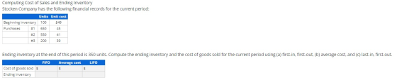 Computing Cost of Sales and Ending Inventory Stocken Company has the following financial records for the current period: Unit