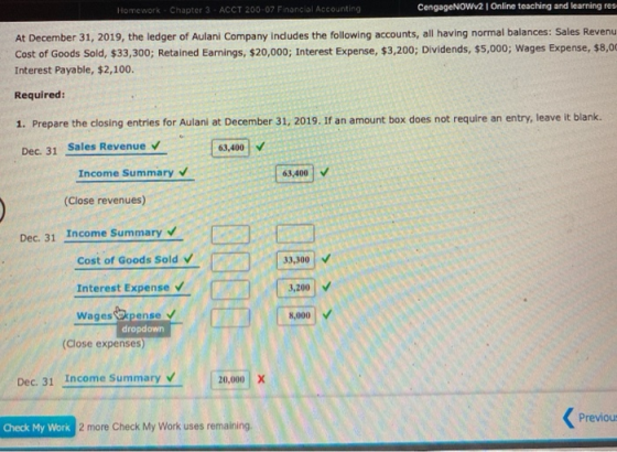 Homework - Chapter 3 - ACCT 200-07 Financial Accounting CengageNOWV2 Online teaching and learning res At December 31, 2019, t