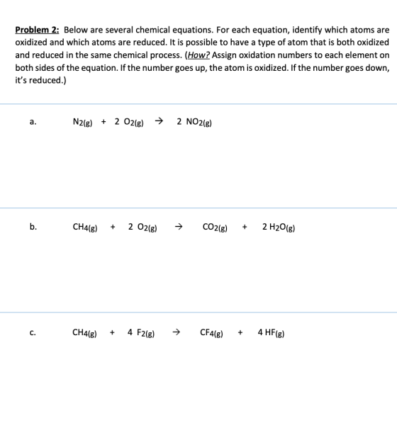 Problem 2: Below are several chemical equations. For each equation, identify which atoms are oxidized and which atoms are red