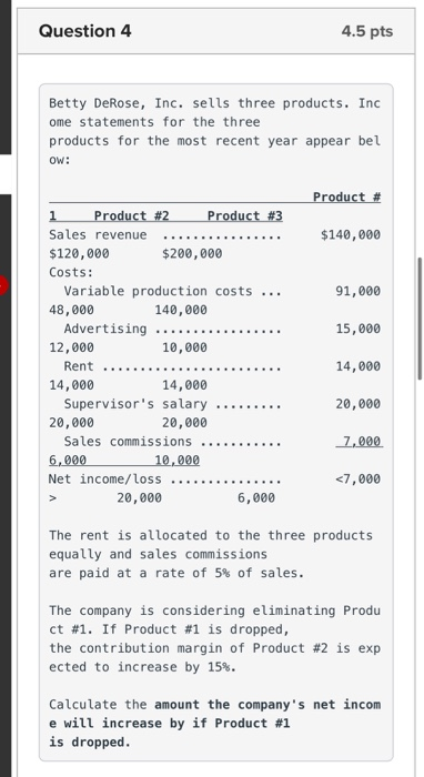 Question 4 4.5 pts Betty DeRose, Inc. sells three products. Inc ome statements for the three products for the most recent yea